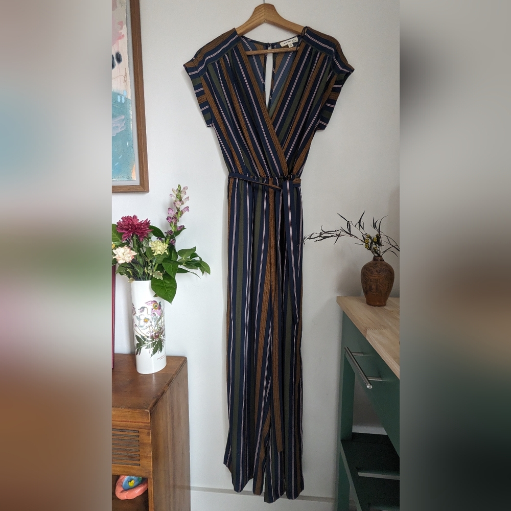 Striped Monteau jumpsuit with tie waist & pockets (M)